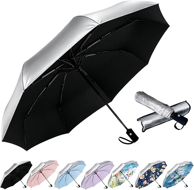 SIEPASA Compact Travel Umbrella - Windproof Auto Open/Close, Small Folding Umbrella for Rain & Sun with UPF50+ - Lightweight Frame, Waterproof - Fits Backpack, Purse, Suitcase.(Silver/Black)