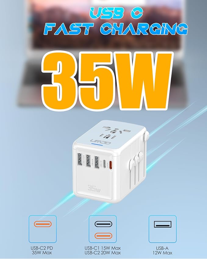 Universal Travel Adapter, 35W PD Fast Charging & 2 USB C 3 USB A & 2500W AC Outlet, International Power Adapter for Europe UK US AU 200+ Countries, Compatible with iPhone 16 15, MacBook, Laptop