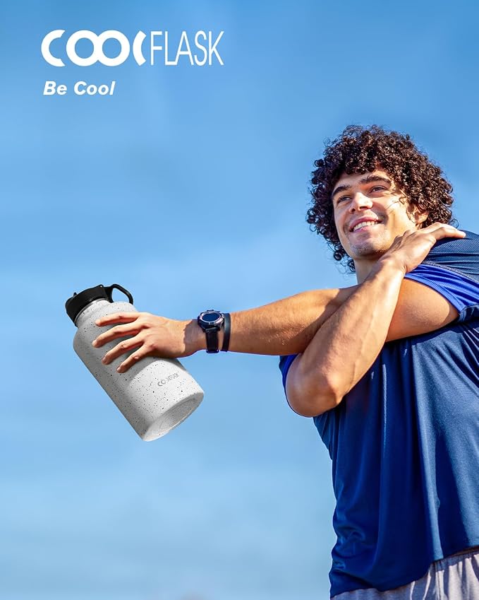 Half Gallon Water Bottle Insulated with Straw&3 Lids, Coolflask 64 oz Water Jug Galaxy Large Metal Stainless Steel flask for Gym, Sports and Office, Keep Cold 48H Hot 24H, Arctic White