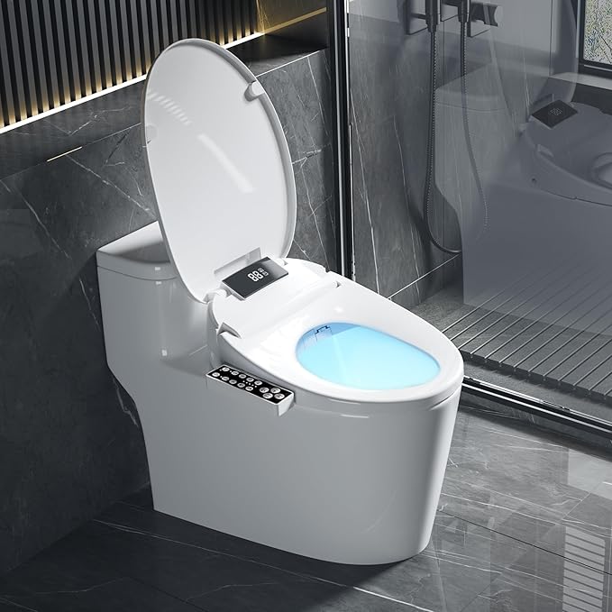 XCQQ Electric Heated Bidet Toilet Seat with Warm Water Wash, Warm Air Dryer, Soft Closed Lid, Night Light, LED Display, Toilet Seat with Bidet Requires Outlet - Round