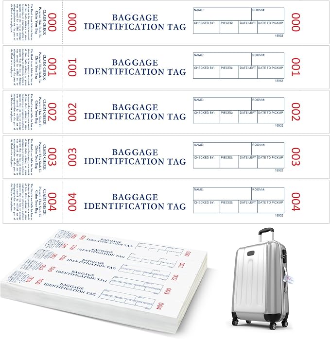 Feifeiya 1000 Hotel Luggage ID Tags with Transfer Tape on Back Printed in Black with Red Consecutive Numbering from 000 to 999 Baggage Identification Tags for Hotel and Motel Bag Storage