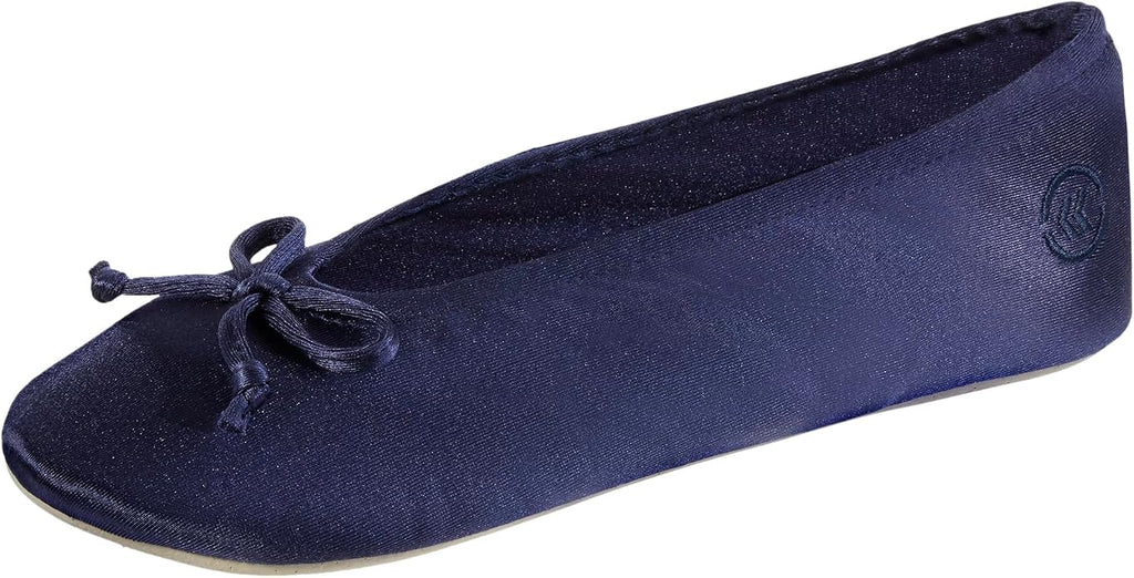 Isotoner Women's Satin Ballerina Slippers with Classic Ribbon Bow and Suede Sole