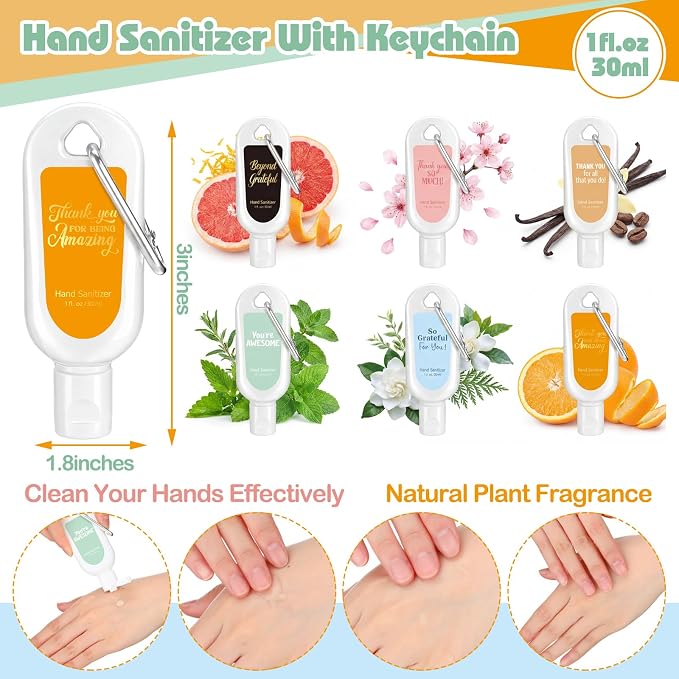 24 Pack Appreciation Hand Sanitizers Keychains Gift Thank You Mini Travel Size Hand Sanitizer Gel Bulk with Clips Appreciation Gift for Nurse Cna Week Coworker Teacher Student Back to School