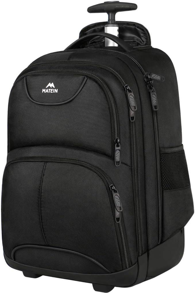 MATEIN Wheeled Backpack, 18 inch Laptop Backpack with Wheels for College, Rolling Travel Backpack, Carryon Trolley Luggage Suitcase Compact Business Computer Bag for Men Women, Black