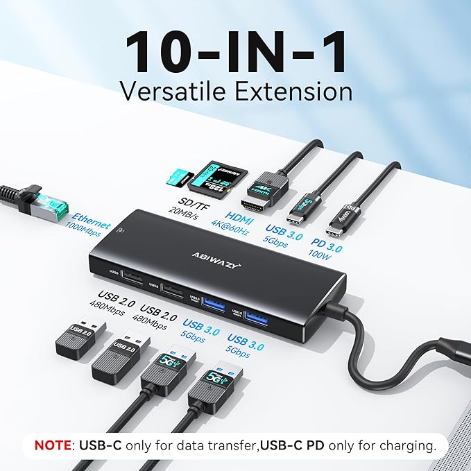 USB C Hub Multiport Adapter, ABIWAZY 10 in 1 USBC to Ethernet Adapter with 4K HDMI, Ethernet Gigabit, 100W PD, USB-C Data Port and SD/TF Slot for MacBook Pro/Air, Dell XPS, iPad Pro