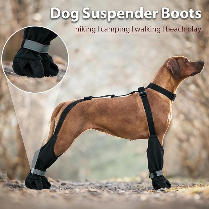 Dog Suspenders Boots, Winter Snow Shoes for Medium Dogs, Waterproof Dog Boots for Rain Mud, Anti-Slip Stay-On for Active Dogs, Adjustable Reflective Paw Protector for Walking Hiking, L Black