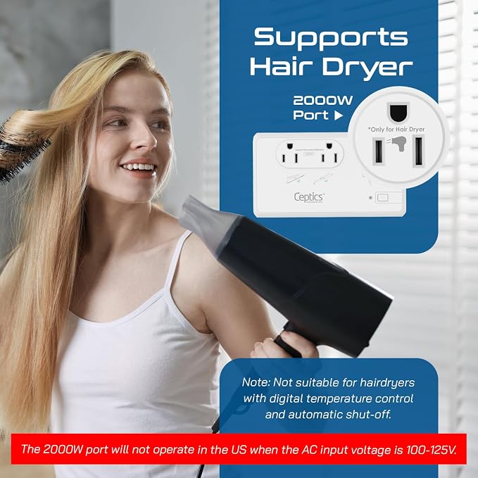 Ceptics 220V to 110V Travel Voltage Converter for Hair Dryer, 2000W & 200W outlets for Dryers, Curling Iron, Straightener, Chargers, Step Down, 4 USB Ports (1x USB-C) with 6 SWadApt attachments