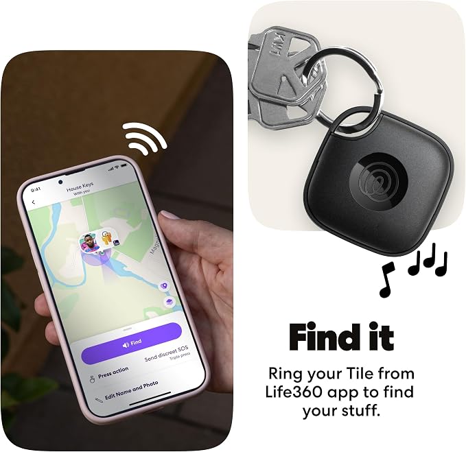 Tile by Life360 Mate Bluetooth Tracker, Keys Finder and Item Locator for Keys, Bags and More. Phone Finder. Both iOS and Android Compatible. 4-Pack (Black)
