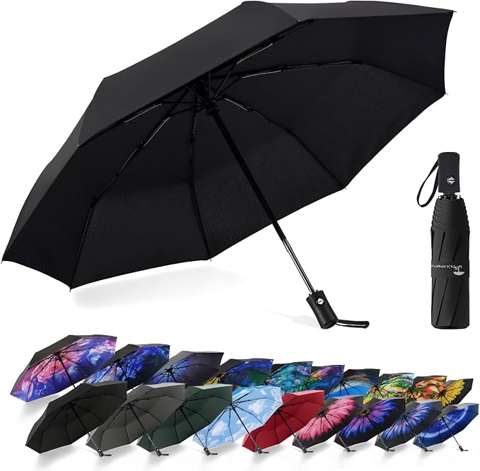 SY COMPACT Travel Umbrella - Windproof Automatic Compact Umbrella for Rain, Lightest 8-Rib, Small, Strong & Portable, Durable Grip, Fits Backpack & Car, Factory Direct (UV Available)