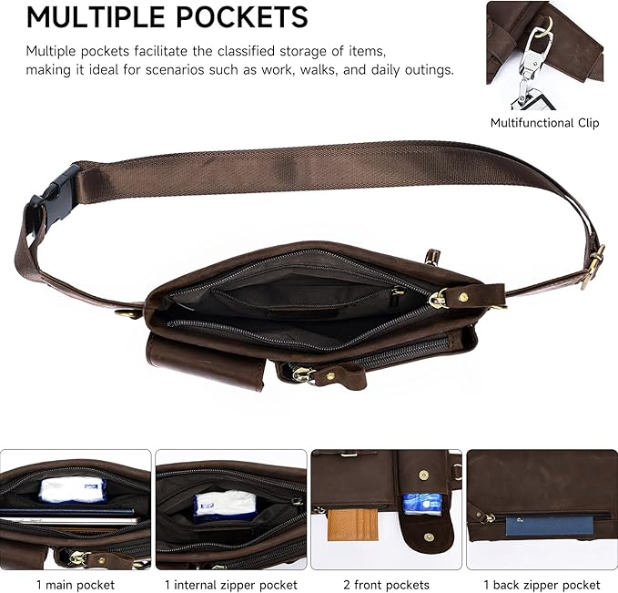 NIUCUNZH Genuine Leather Fanny Pack for Men Women Slim Waist Purses Sling Crossbody Bags Vintage Coffee
