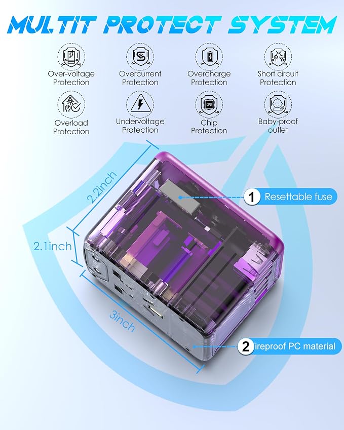 Universal Travel Adapter with 3 USB-C + 2 USB-A Ports 30W Fast Charging, 2500W AC Outlet, International Power Adapter for Europe UK Japan, Travel Charger for Phones Laptop 200+ Countries (Purple)