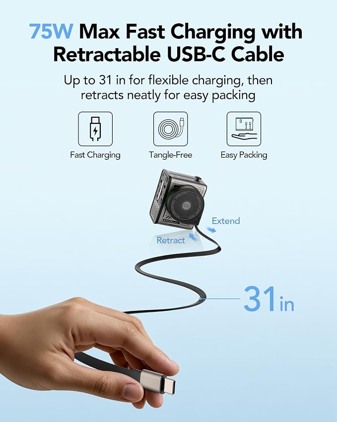Mfish 75W Universal Travel Adapter with Retractable USB-C Cable, 3 USB-C & 1 USB-A, 1 AC Outlet, International Wall Charger for MacBook, iPhone, iPad, EU/UK/US/AUS, Type A/I/G/C, Grey