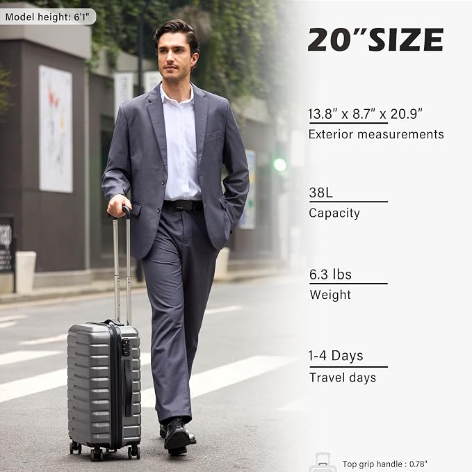 Coolife Carry On Luggage Airline Approved with Spinner Wheels, Hard Shell Suitcase TSA Lock Lightweight Travel Luggage 20-inch,Gray