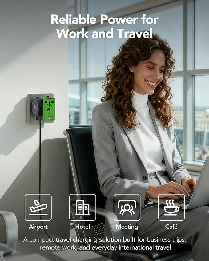 Mfish 75W Universal Travel Adapter with Retractable USB-C Cable, 3 USB-C & 1 USB-A, 1 AC Outlet, International Wall Charger for MacBook, iPhone, iPad, EU/UK/US/AUS, Type A/I/G/C, Black