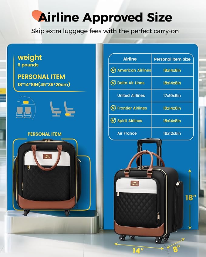 MATEIN Underseat Carry On Luggage with Spinner Wheels, 16 Inch Rolling Laptop Bag Women, Wheeled Briefcase 18x14x8 Personal Item Travel Bag, Small Airline Approved Roller Suitcase for Travel Work