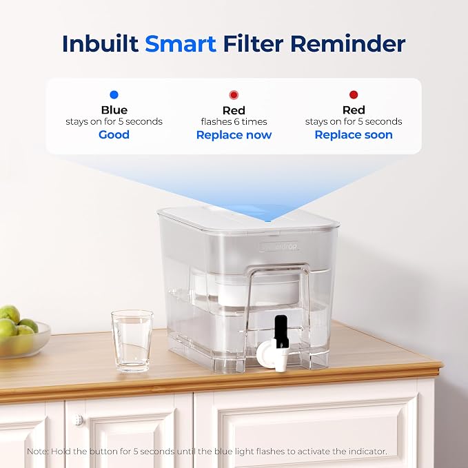 Waterdrop WFD-22L-DF Water Filter Dispenser, 40-Cup Water Purifier, 2 Built-in Filters, 8X Faster Filtration, 400-Gallon Lifespan, 10X Longer Lifetime, Reduces Chlorine, PFOA/PFOS, White