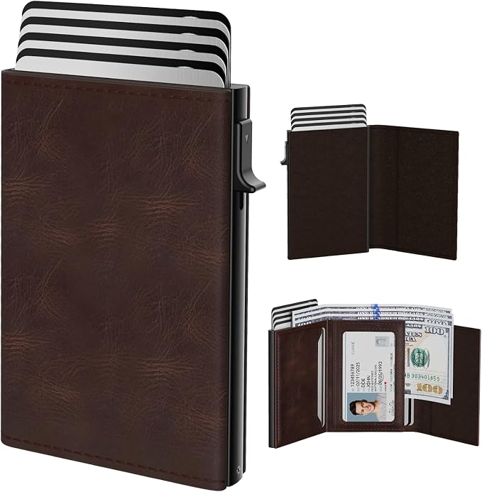 typecase Mens Wallet Card Holder: Pop Up Aluminum Case, Genuine Leather, Smart, RFID Blocking, Slim, Minimalist, Front Pocket - 9-14 Card Capacity | ID Window | Cash Slot (Oil Wax Brown)