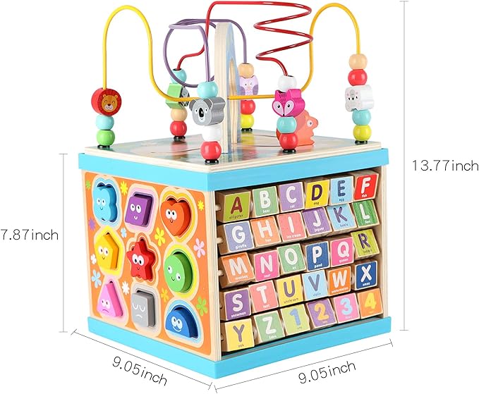 Qilay 5-in-1 Wooden Activity Cube for Toddlers 1-3(Large),Multipurpose Toddler Activity Center with Bead Maze & Shape Sorter, Early Educational Toy First Birthday Present for Boys Girls