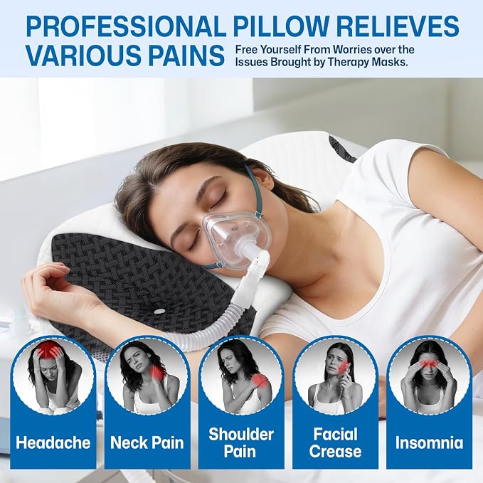 CPAP Pillow for Side & Back Sleepers - Mask Compatible Contour Design to Reduce Leaks, Breathable Memory Foam Pillow with Ergonomic Support & Hose-Friendly Cutouts for Comfortable Sleep, Black