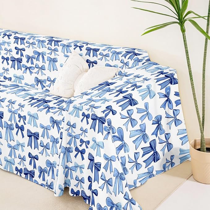 Blue Bow Couch Cover for 3 Cushion Couch Kawaii Princess Bow Tie Sofa Cover Dreamy Bowknot Watercolor Geometric Bow-Tie Water Resistant Furniture Protector Cover for Pet Cat,71"x150" Cute Kawaii