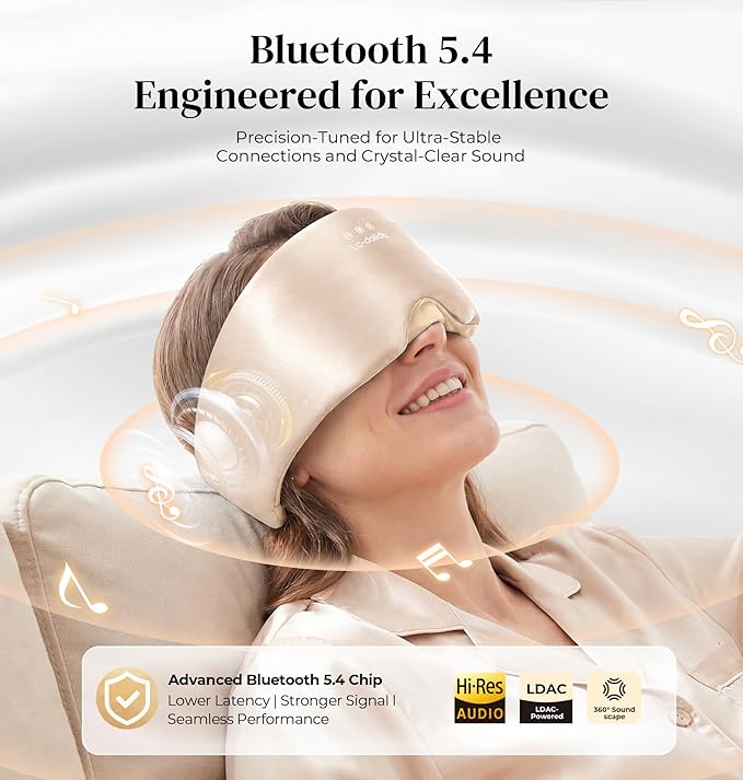 LC-dolida 3D Silk Bluetooth Sleep Mask, Mulberry Silk Sleep Mask with Bluetooth Headphones, Bluetooth Eye Sleep Mask for Side Sleepers, Total Blackout Bluetooth Eye Mask for Women Men, Champagne
