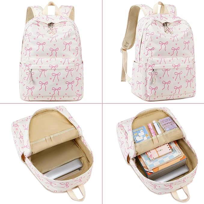 LOIDOU Backpack for Girls School Backpacks Bookbags for Elementary Middle School Women Laptop Backpacks (Bow tie Beige, L-17)