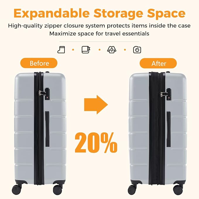 NEWBULIG 24 Inch Checked Luggage, ABS Hard Shell Lightweight Rolling Expandable Suitcase with Smooth Spinner Wheels and TSA Lock for Business Trips and Daily Vacations, Light Grey