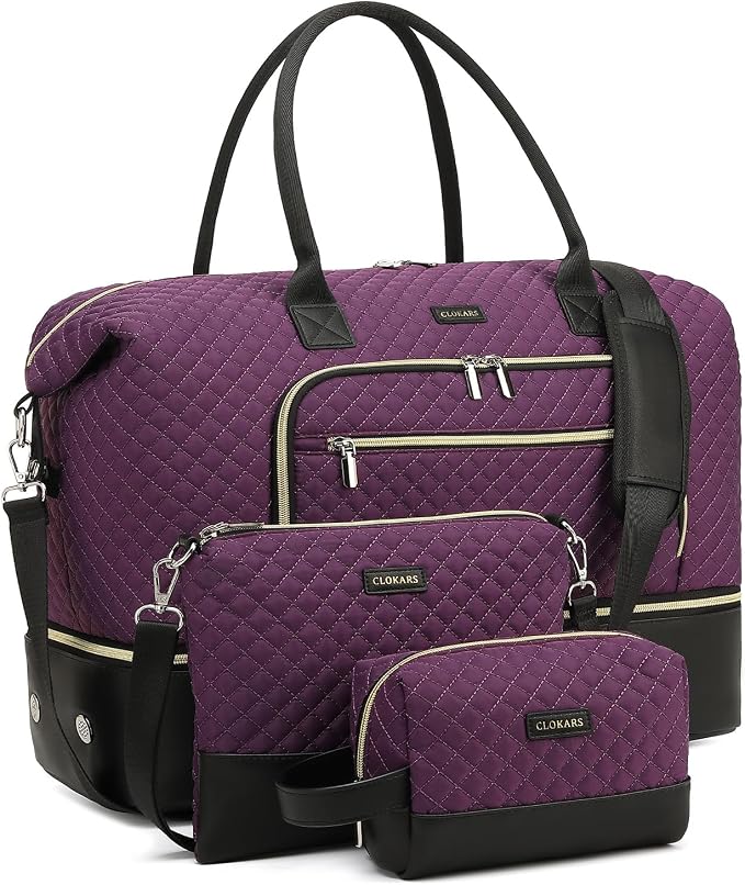 Weekender Bags for Women Travel, Under Seat Carry On Bags for Airplanes Overnight Bag with Shoe Compartment Luggage Sleeve, Foldie Travel Tote Bag Hospital Bag, Travel Gifts, Purple Black