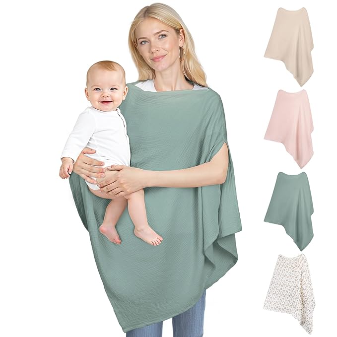 Muslin Nursing Cover Up for Breastfeeding, Soft & Breathable Cotton Breast Feeding Cover for Women, Full Privacy Breastfeeding Cover - Newborn Baby Essential, Green