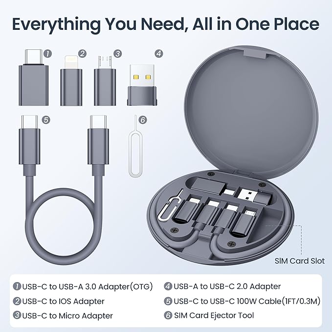 Elebase USB Charging Adapter Kit,Multi Travel USBC Adapter Set,Type C to USB 3.0 OTG iOS Micro Converter Case with 1Ft 100W Charger Cable for iPhone 17 Air 16 15 14 Max Pro,Samsung Galaxy S24 S23 Plus