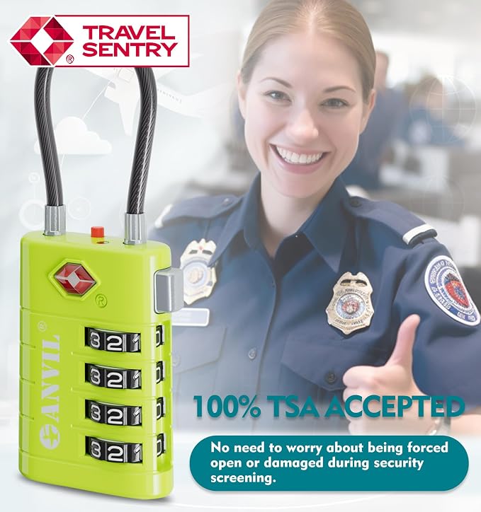 ANVIL TSA Approved Luggage Locks with Search Alert Indicator, 4-Digit Combination Suitcase Lock, Advanced TSA008 Core Heavy Duty Anti-Theft Travel Lock for Double Zippers, Backpacks