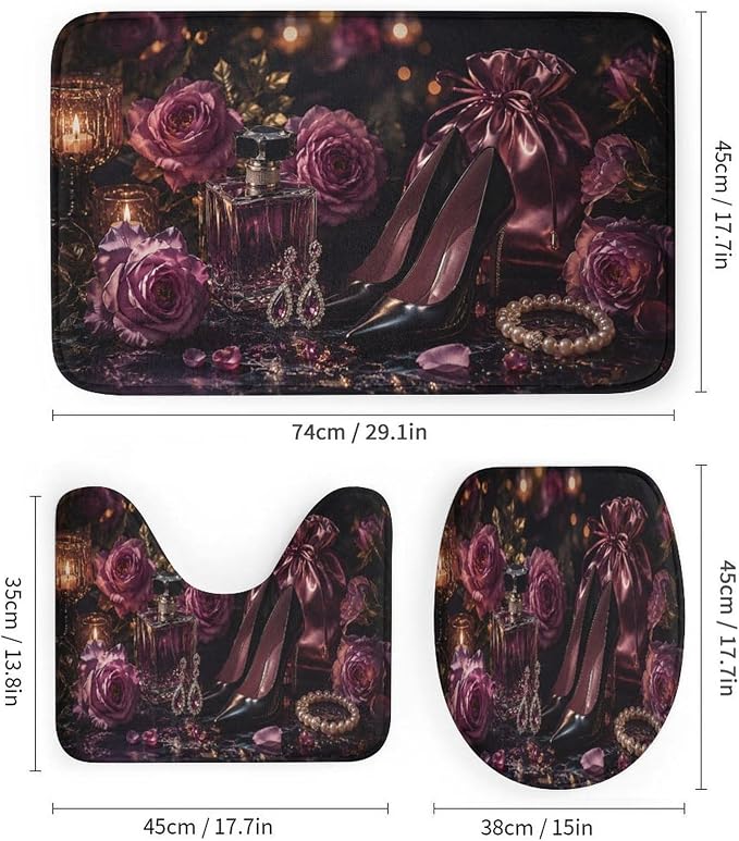 Elegant Purple Roses and Jewelry Bathroom Rug Set 4 Piece with Shower Curtain Non Slip Bath Mat Set Microfiber Bathroom Decor Toilet Lid Cover U Shape Rug Waterproof Bathroom Accessories