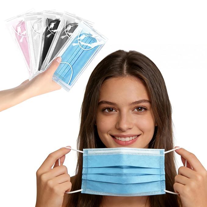 NNPCBT 5 Color Disposable Face Masks 50pcs, Individually Wrapped Masks for Adults, 3-Ply Breathable Disposable Mask For Outdoors, Home, Office, School