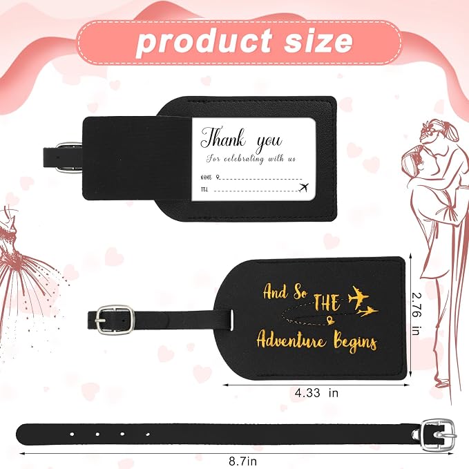 Sweetude 48 Sets Bulk Luggage Tags Wedding Favors and So The Adventure Begins Leather Luggage Tags for Suitcases with Name Card for Travel Themed Bridal Shower Graduation Party Favor(Black)