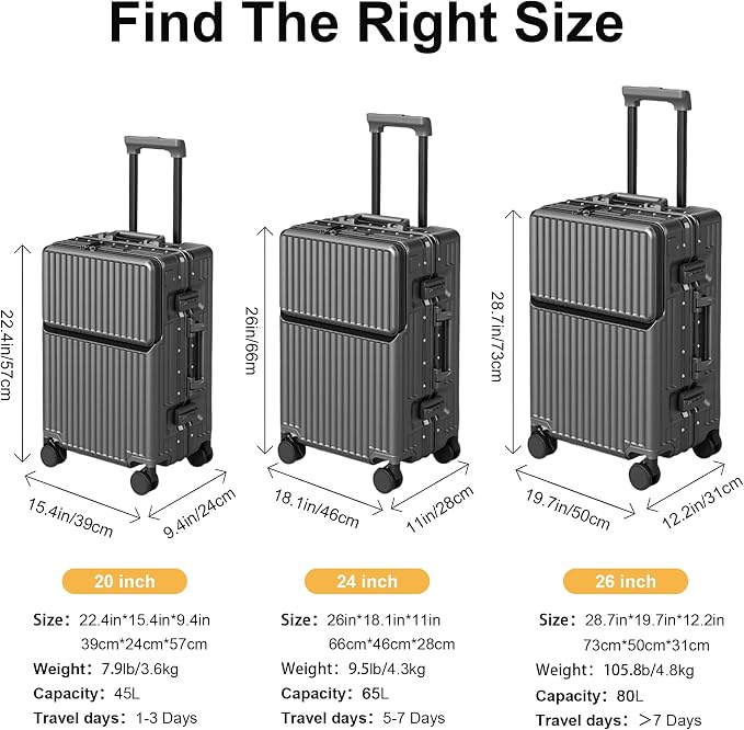 Carry on suitcase Zipperless Luggage,Polycarbonate Aluminum Hard Shell, Expandable Carry-On Suitcase with Spinner Wheels, 24 Inch Cabin