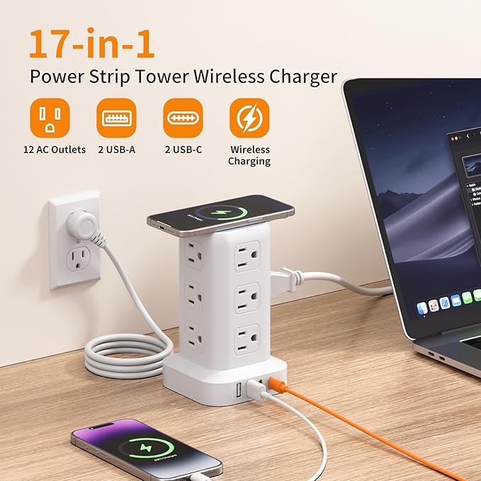 Extension Cord with Multiple Outlets, SMALLRT Surge Protector Power Strip Tower, 10FT Outlet Extender with 12 AC Outlets 4 USB, Power Strip with USB Ports for Home Office Dorm Room,Overload Protection
