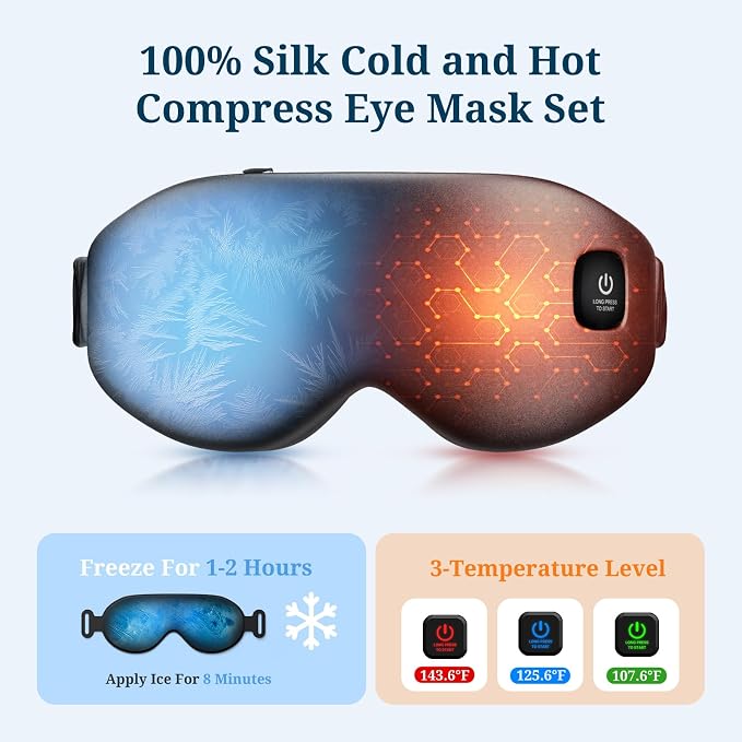 100% Silk Wireless Heated Eye Mask with Cooling, Relieves Dry Eye Syndrome and Puffy, Reduces Dark Circles, Adjustable Velcro Design and Washable Cover, Suitable for Travel & Gifts-Black