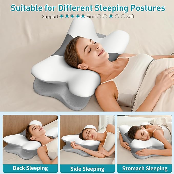 Cervical Pillow for Neck Pain Relief, Ergonomic Neck Pillow for Sleeping, Contour Pillow for Neck Support, Memory Foam Pillows for Reading & Bed Rest Pillows for Side Back Stomach Sleepers(White&Grey)