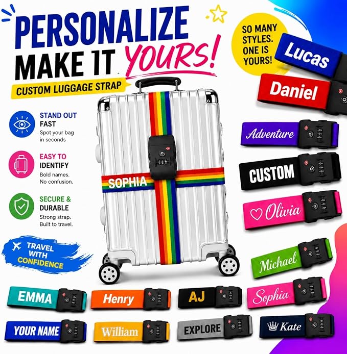 Personalized Luggage Strap with TSA Compatible Combination Lock,6 Pcs Custom Embroidered Name Suitcase Belt, 200CM Adjustable Travel Identifier for 18-32 Inch Bags(6)