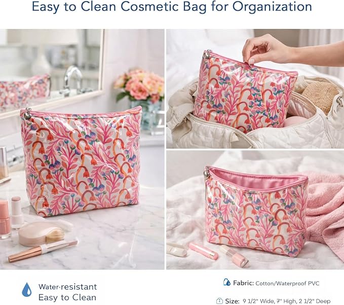 Jacaranda Living Medium Makeup Bag for Women – Water-Resistant Cosmetic & Toiletry Organizer with PVC Lining, Colorful Travel Pouch, Printed Zipper Cosmetic Case, Strawberry Vine