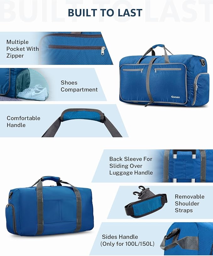 Gonex Large Foldable Travel Duffle Bag with Shoes Compartment, Packable Lightweight Water Repellent Duffel Bag for Camping Gym Weekender Bag