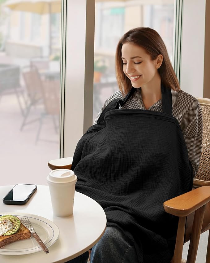 Blissful Diary Muslin Nursing Cover for Breastfeeding, Breathable Breastfeeding Cover up with Arch Neckline for Women, Nursing Apron (Black)