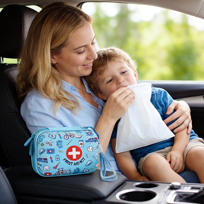 Mini First Aid Kit for Kids - 160 Pcs Water-Resistant Hard Shell Compact Emergency Kit for Travel, Home, School, Car, Camping & Hiking - Portable with Elastic Fabric Band-Aids