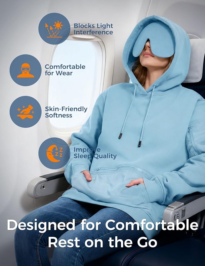 Travel Hoodie with Built-In Eye Mask for Airplane Travel Breathable Comfort Pullover Sweatshirt Multiple Pockets
