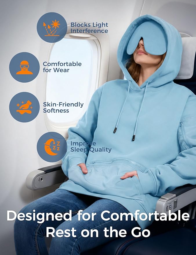 Travel Hoodie with Built-In Eye Mask for Airplane Travel Breathable Comfort Pullover Sweatshirt Multiple Pockets