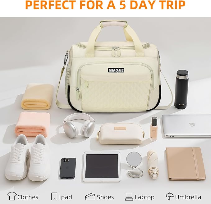 Travel Duffle Bag for Women, Underseat Carry On luggage Bag Foldable Overnight Weekender Hospital Bag Lightweight Airplanes Personal Item Travel Tote Bag for Women Birthday Gifts, 16IN Beige