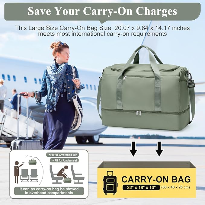 Large Travel Duffle Bag,Carry on Overnight Weekend Bag with Shoes Compartment,Weekender Bags for Women for Travel Business Trips Sport Hospital,3 Pcs Set,Olive Green