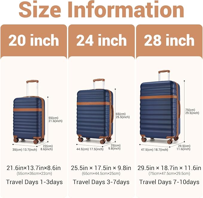 Kono Luggage Set 3 Pieces Expandable PC ABS Durable Suitcase Hardside with Double Spinner Wheels Tsa Lock Navy(20in/24in/28in)