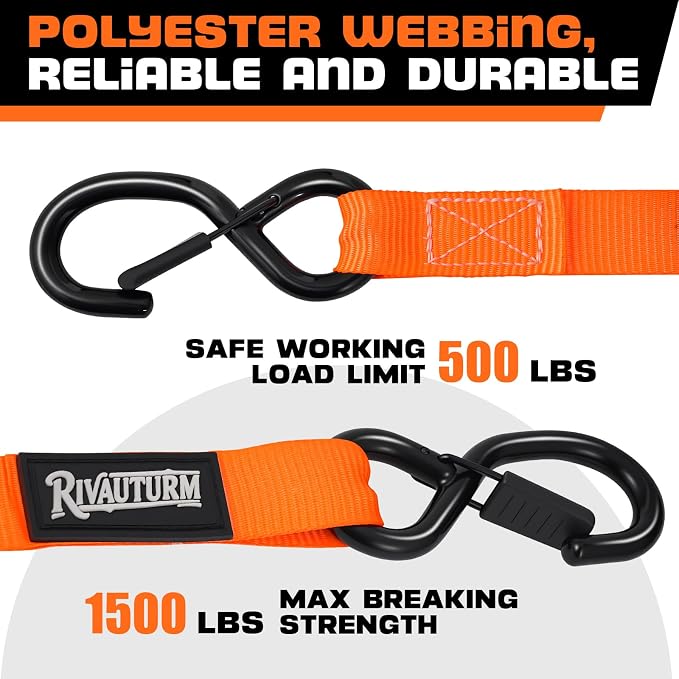 4 Pack Retractable Ratchet Straps with S Hooks, 1 Inch x 12 Feet(1500LBS Break Strength) Heavy Duty Auto Self Retracting Tie Down Straps for Truck, Cargo Trailer, Motorcycle, ATV, UTV & More -Orange