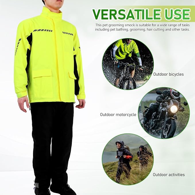 Men's Reflective Rain Gear Motorcycle Rain Suit with Hooded Nylon Waterproof Jacket Pants and Shoe Covers for Cycling and Night Riding